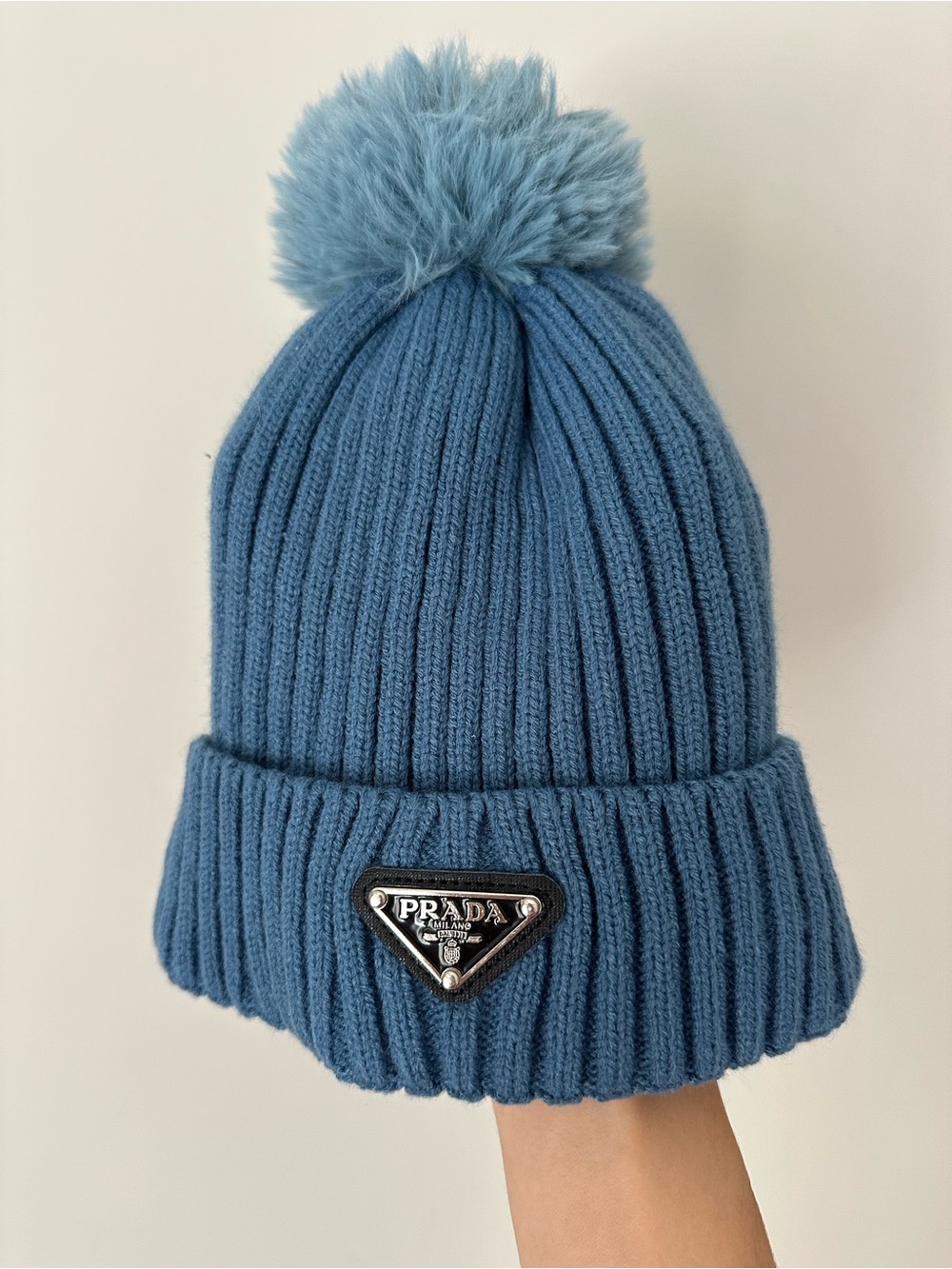 Prada Blue Ribbed Pom Beanie